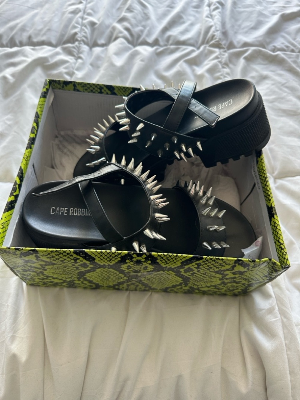 Cape Robbin Black Platform Sandals with Neon Yellow Snake Print Box